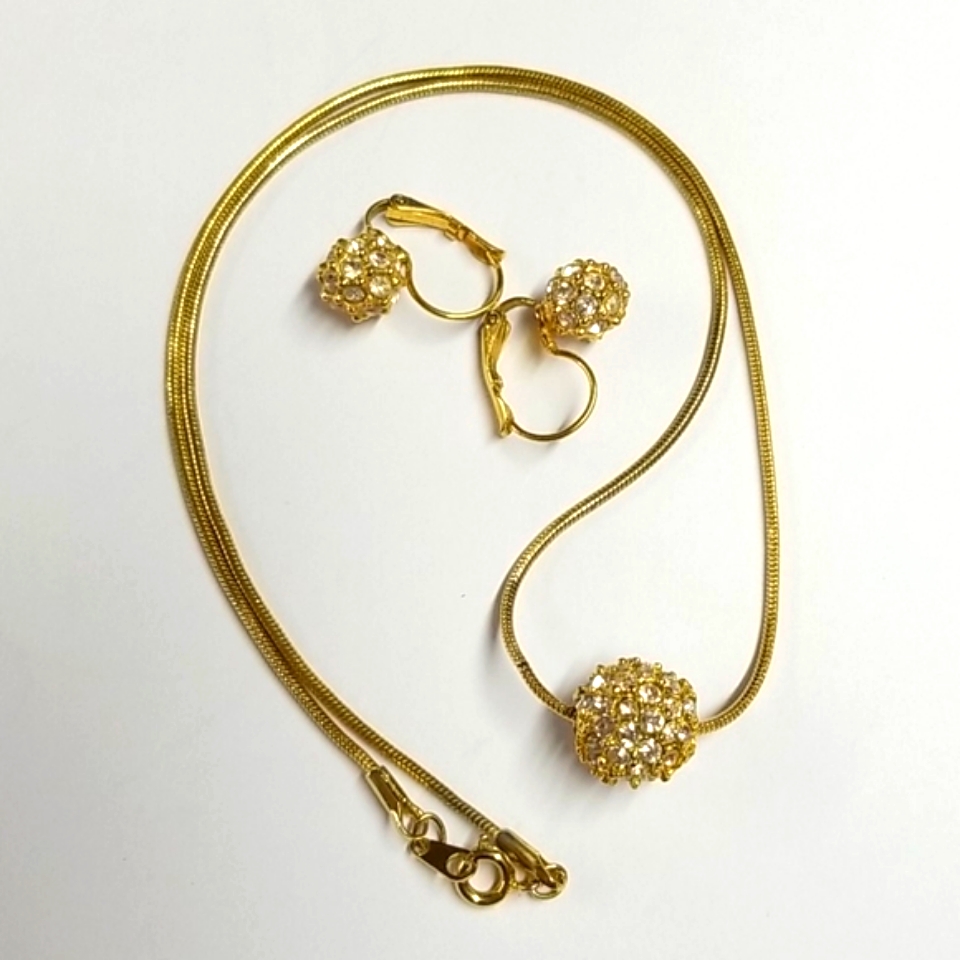 Gold Toned Bead Pendant Necklace W/Rhinestones & Earrings